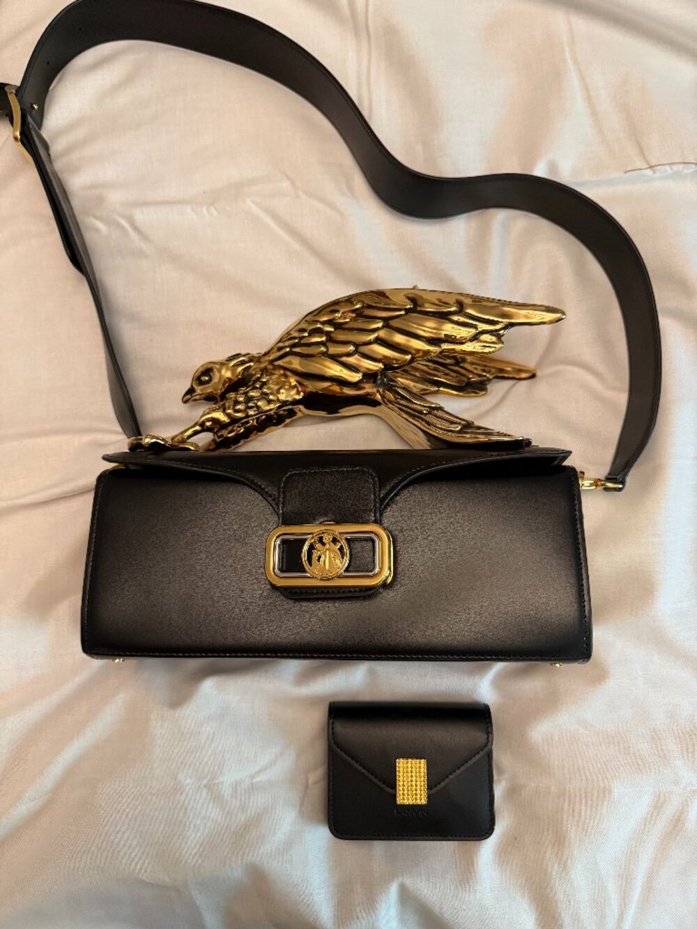 LANVIN Black Leather Gold Eagle Statement Shoulder Bag + Matching Wallet
